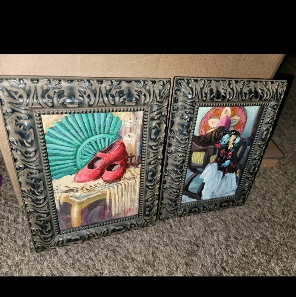 Vintage Oil Paintings Elegant Black Framed Art Set 2 7.5x10in